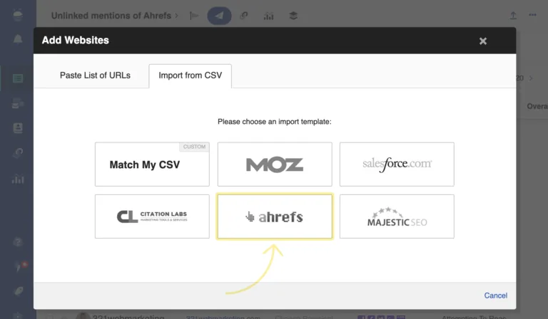 Buzzstream 页面,显示 Ahrefs 是导入选项