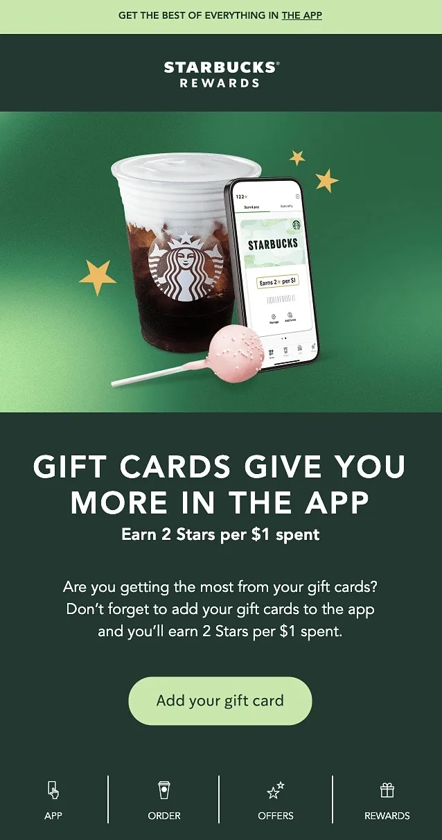 Starbuck Rewards 邮件，鼓励用户将礼品卡添加到其应用