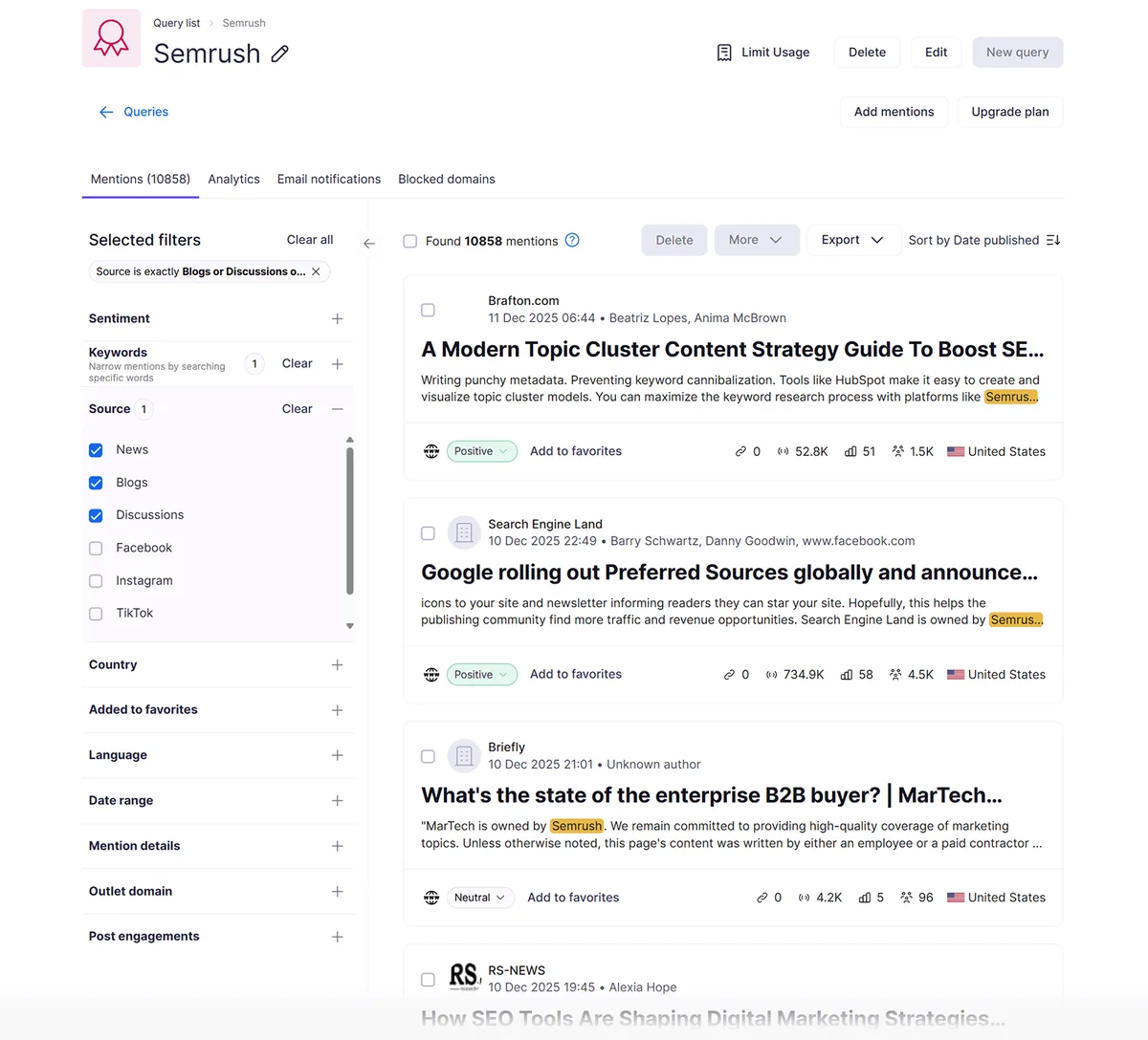 品牌提及仪表盘,列出提及 Semrush 的线上文章,附情感倾向和触达数据。