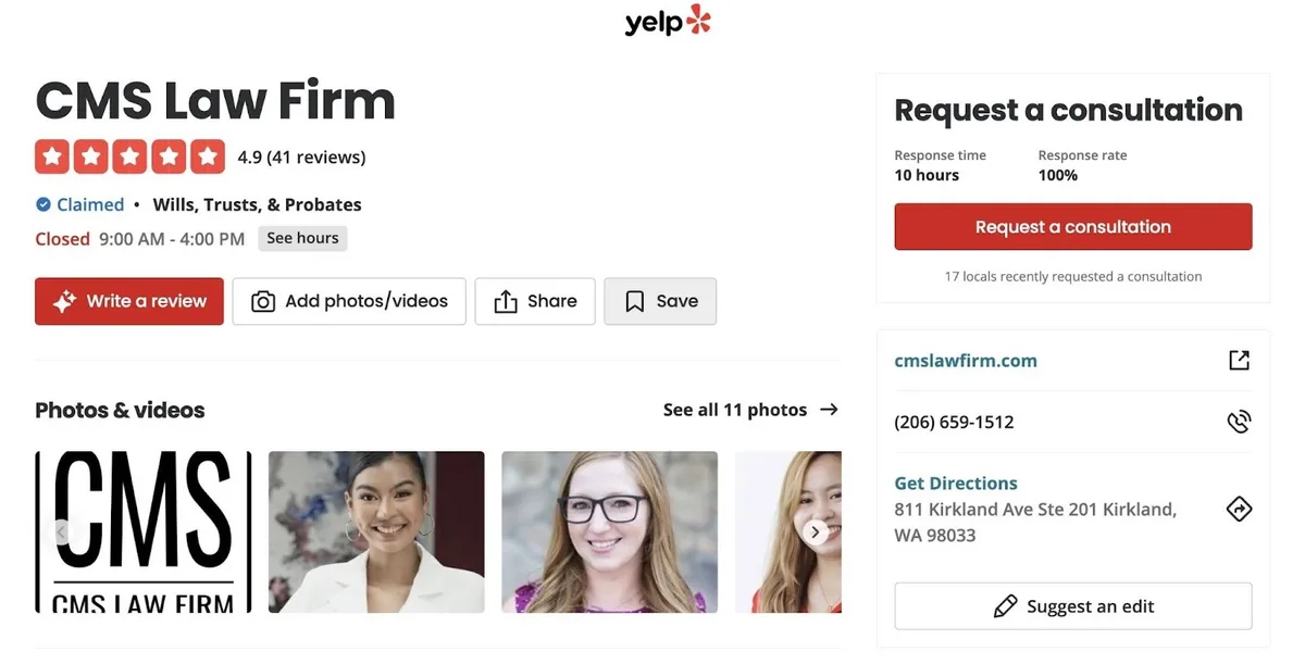 CMS Law Firm 的 Yelp 资料,显示其地址、电话号码、照片、评价和评分等。