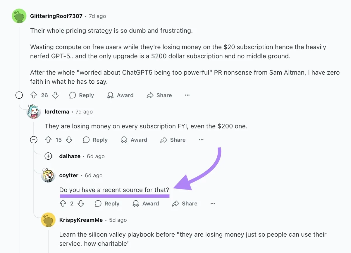 Reddit 上的一个主题帖,其中一条 Reddit 用户询问来源的评论被突出显示。