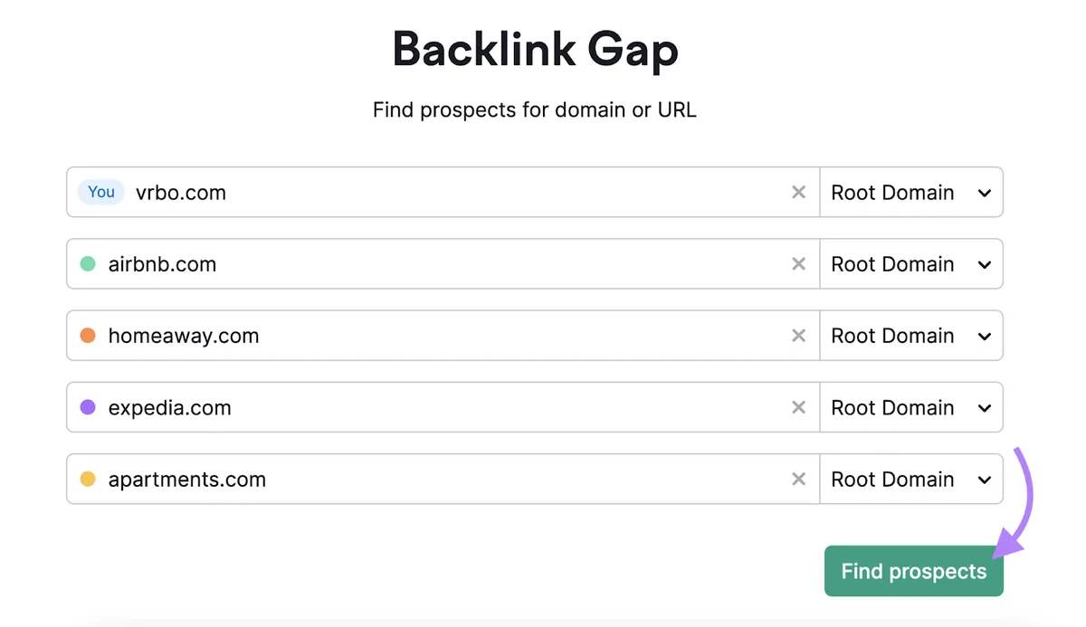 Semrush Backlink Gap 工具起始页,已输入 5 个域名,箭头指向 Find prospects 按钮