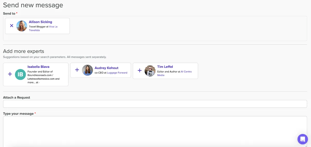 Qwoted 消息界面，显示一位已选收件人、建议添加的专家以及用于输入消息的字段。