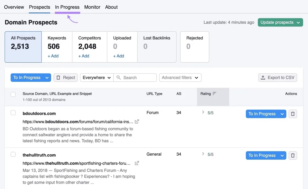 Link Building 工具中的“Prospects”标签页，顶部的“In Progress”标签页被突出显示。