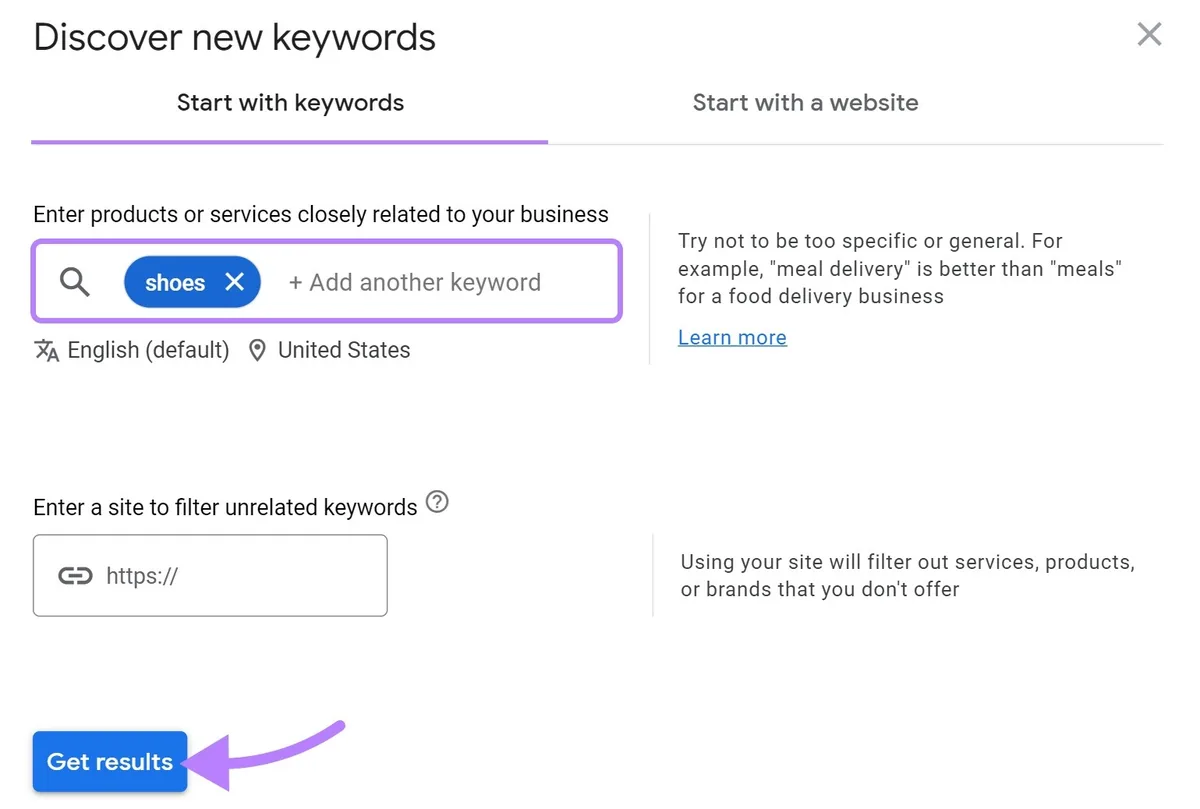 Keyword Planner 中的“发现新关键词”窗口