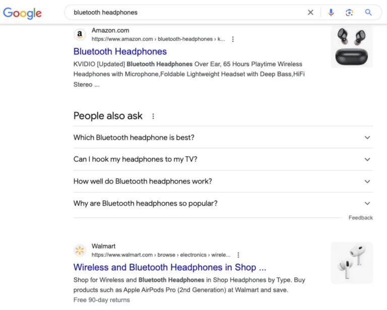 Google 针对“bluetooth headphones”的搜索结果页面,来自 google.com