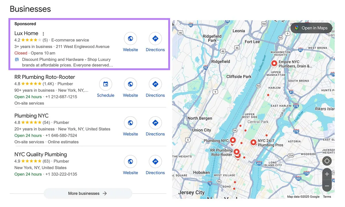 Google 桌面端搜索结果,Lux Home 赞助商家列表位于本地水暖商家结果的顶部