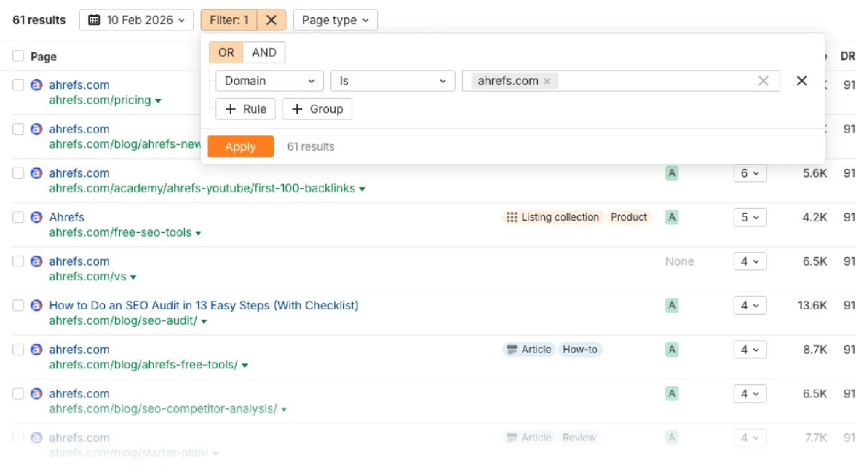 Ahrefs Brand Radar 中的 Cited pages 表格，打开筛选器设为 