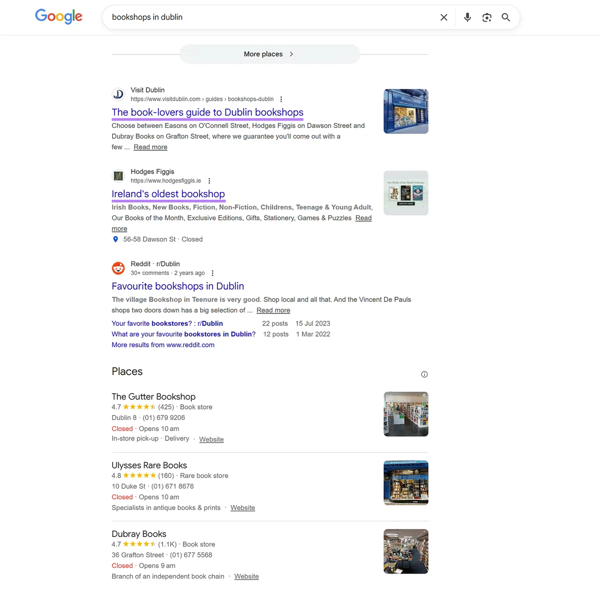 词条“bookshops in Dublin”的 Google 搜索结果页面，传统自然结果已高亮显示。