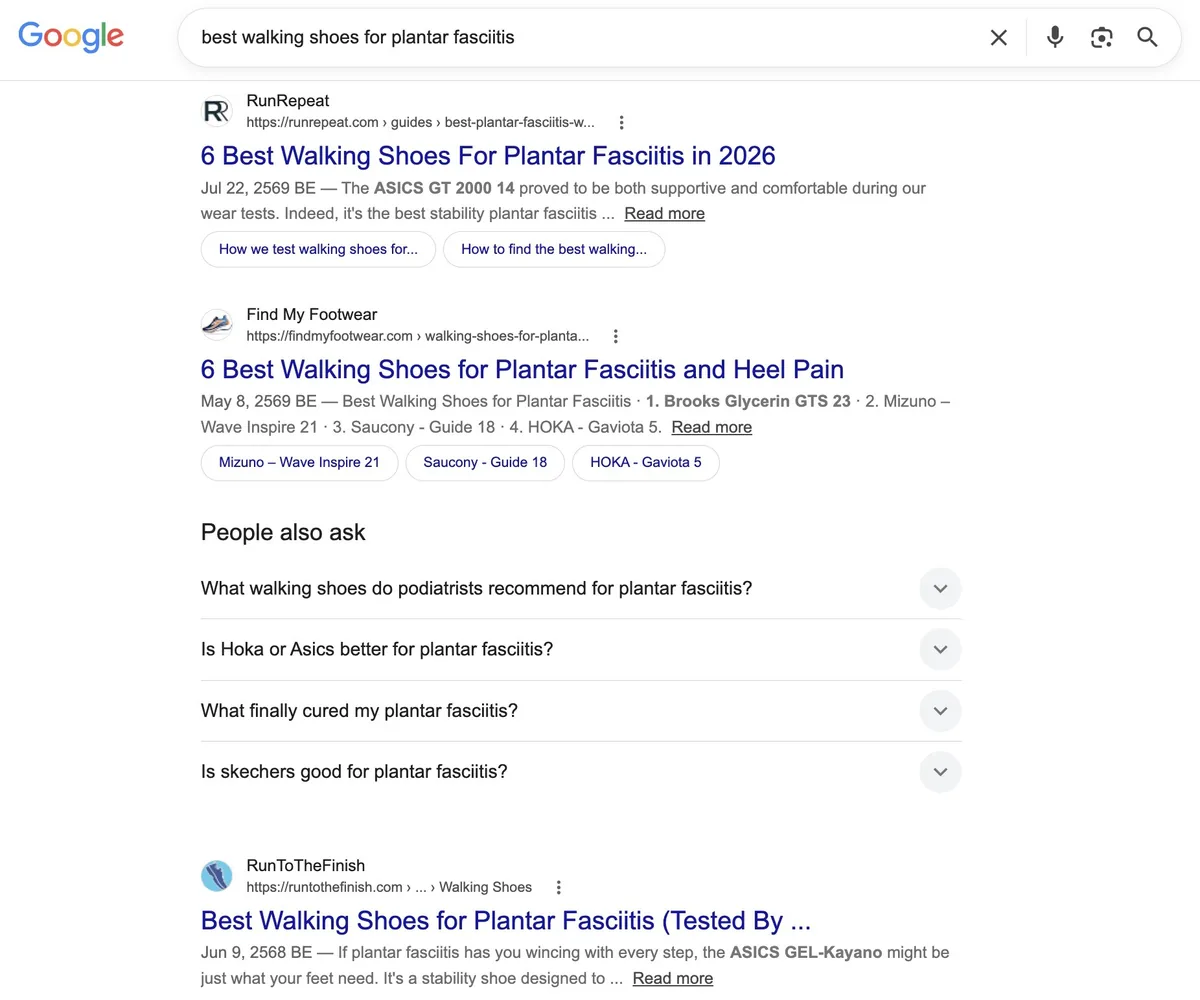 Google 上词条“best walking shoes for plantar fasciitis”排名靠前的自然结果页面。