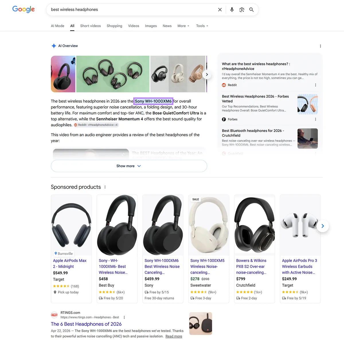 Google AI 概览针对“best wireless headphones”，包含产品推荐和赞助商品列表
