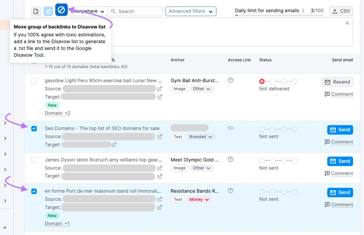 在 Backlink Audit 的“Remove”列表中拒绝链接