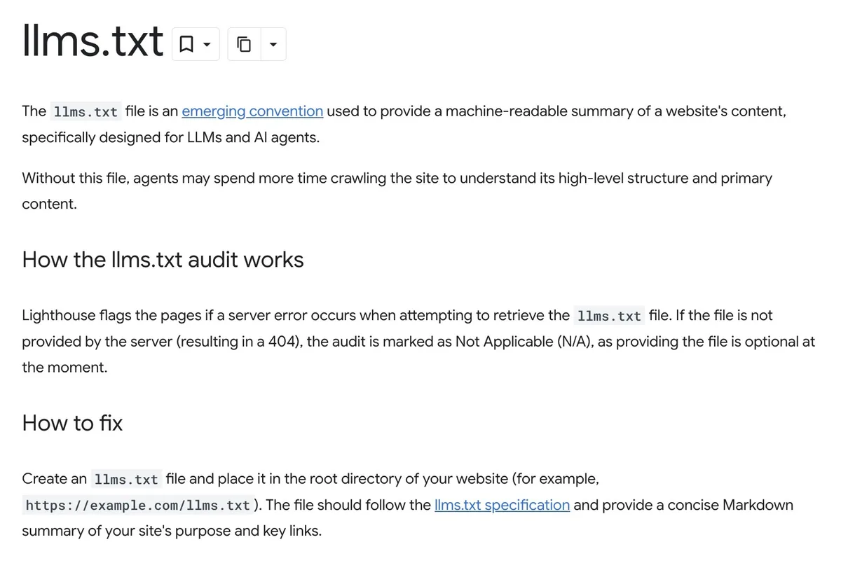 Chrome for Developers 页面，解释什么是 llms.txt、Lighthouse 审计如何运作、如何修复。