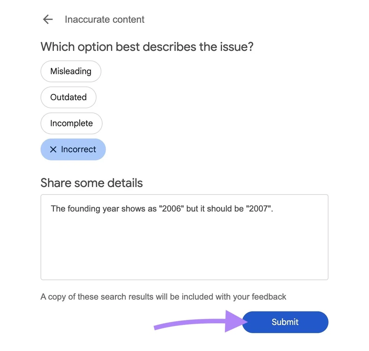 Google 上的“Inaccurate content”窗口,已选择原因、填写详情并点击“Submit”。