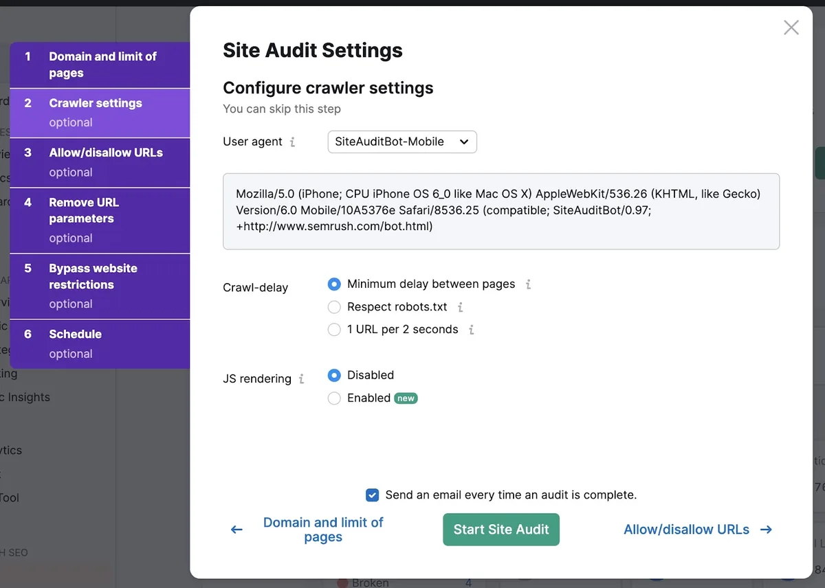 Site Audit 上的爬虫设置页面,用于设置用户代理、抓取延迟和 JS 渲染。