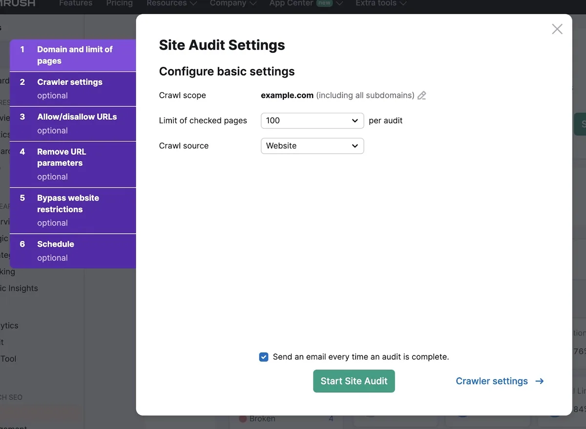 Site Audit 上的基础设置页面,用于设置抓取范围、来源和检查页面数量上限。
