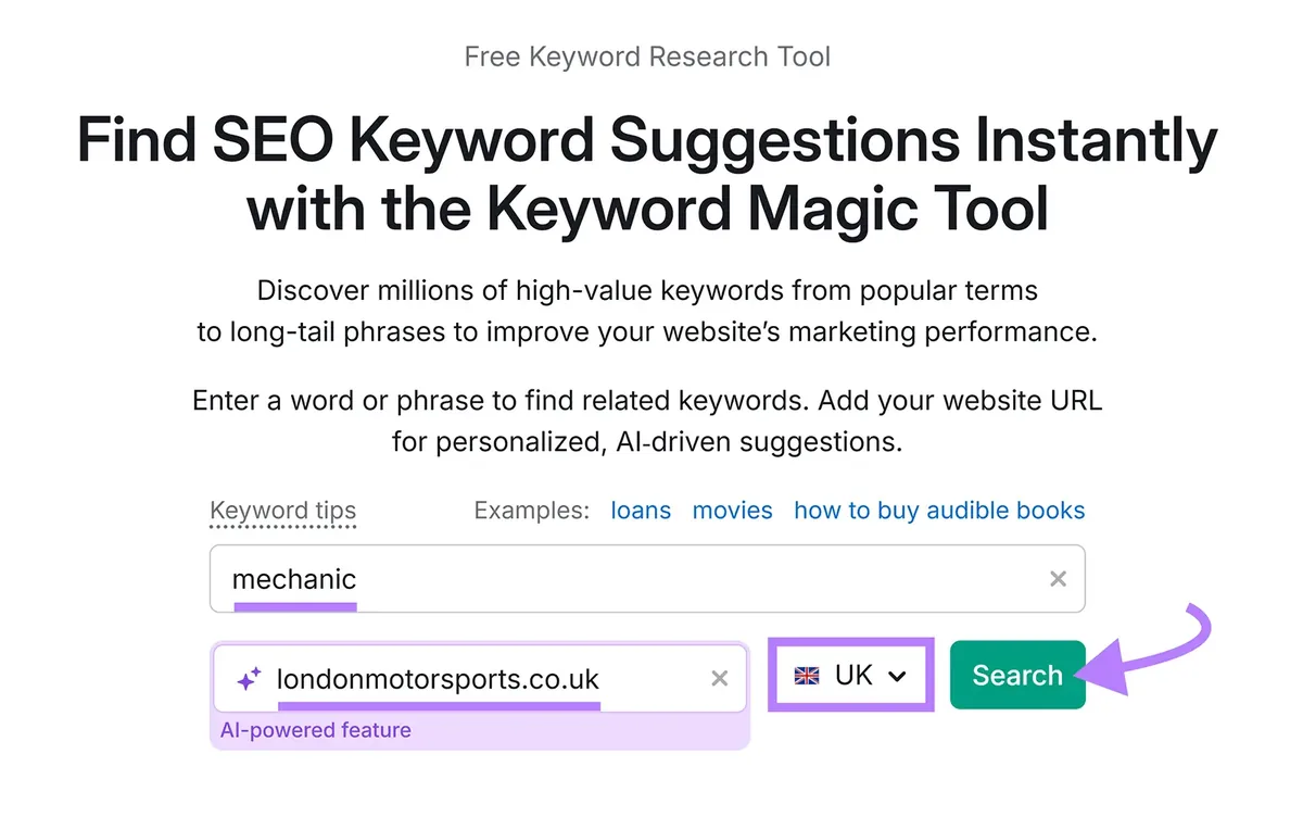 Keyword Magic Tool 输入关键词和域名，选择国家并点击 Search。
