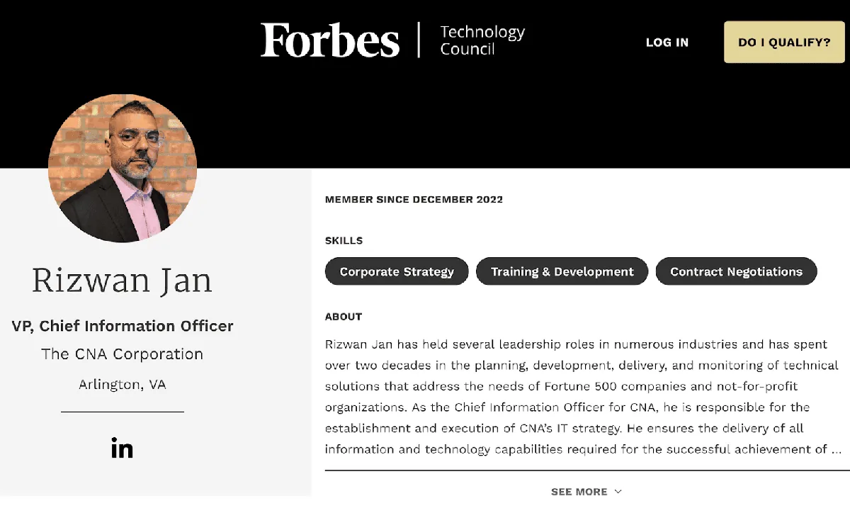 一个 Forbes Council 作者页面，包含专家头像、会员详情、技能和简介。