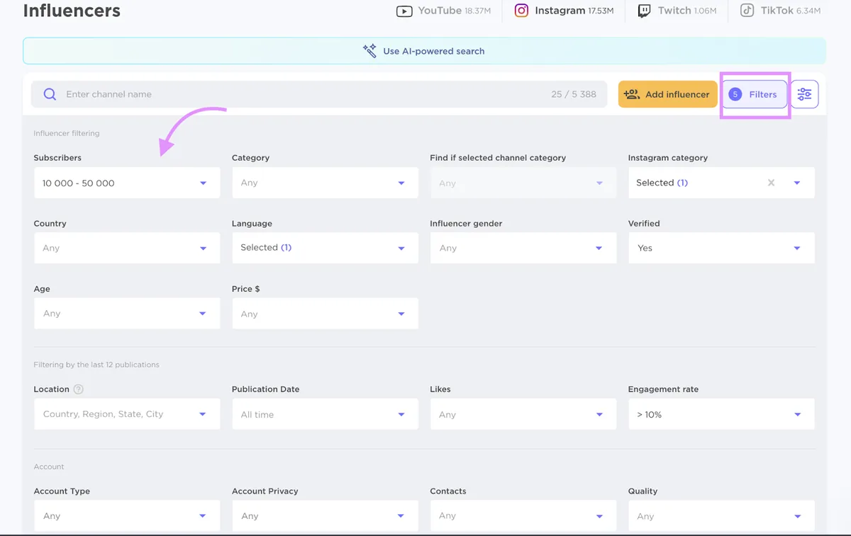 Influencer Analytics 筛选器