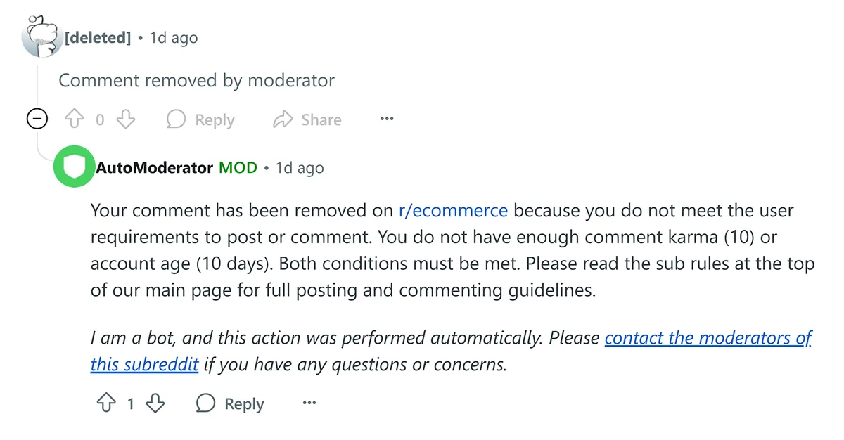 评论因未满足 karma 和账号时长规则被 r/ecommerce AutoModerator 移除。