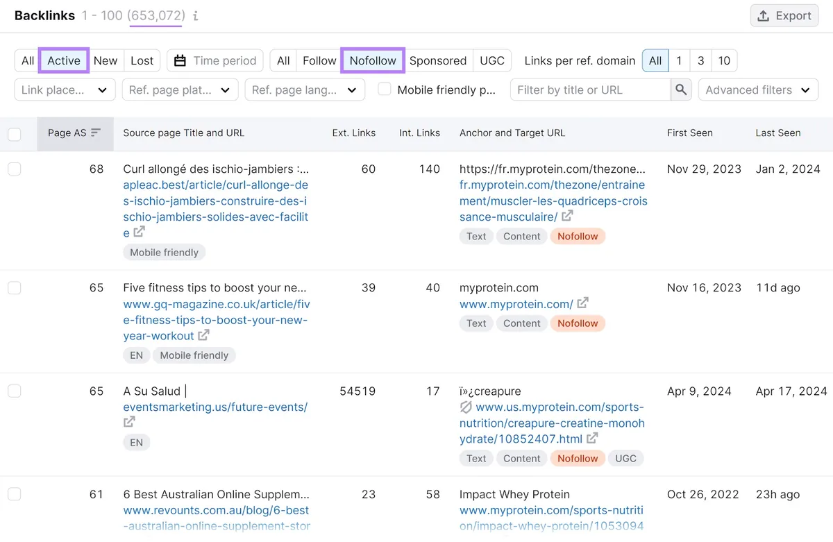 Backlinks 工具的“Backlinks”部分，“Active”和“Nofollow”筛选器被突出显示