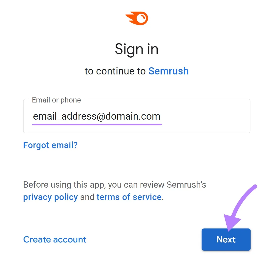 “登录以继续使用 Semrush”窗口