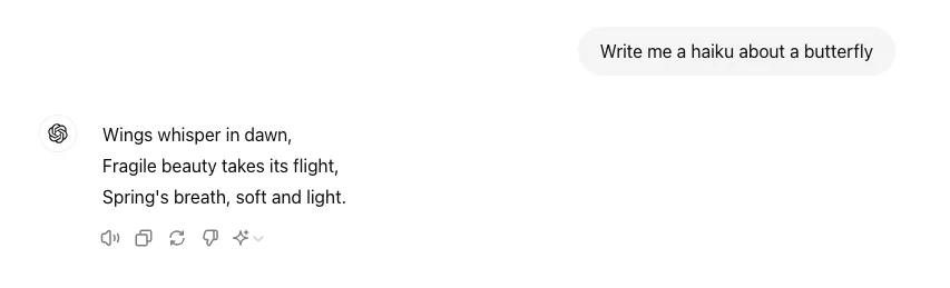 AI 生成的有关蝴蝶的俳句截图。