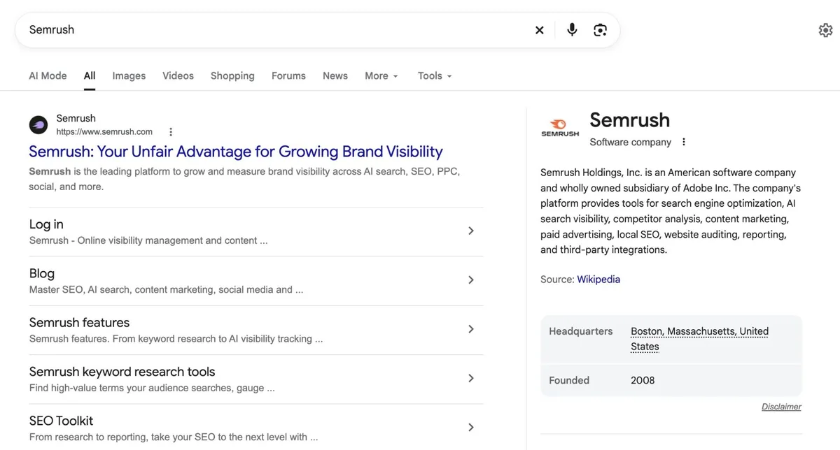 词条“Semrush”的 Google 搜索结果页面,顶部结果为带有站点链接的 Semrush 网站。