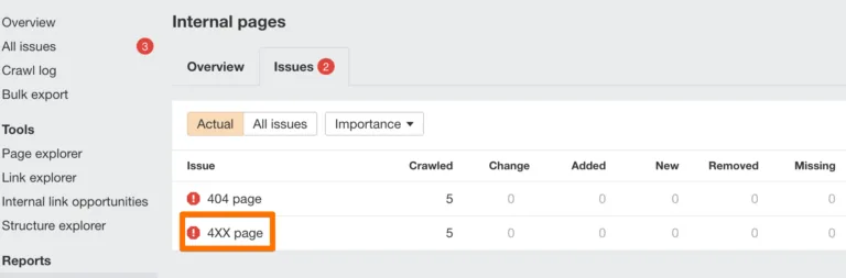 Ahrefs Site Audit 中的失效内部链接