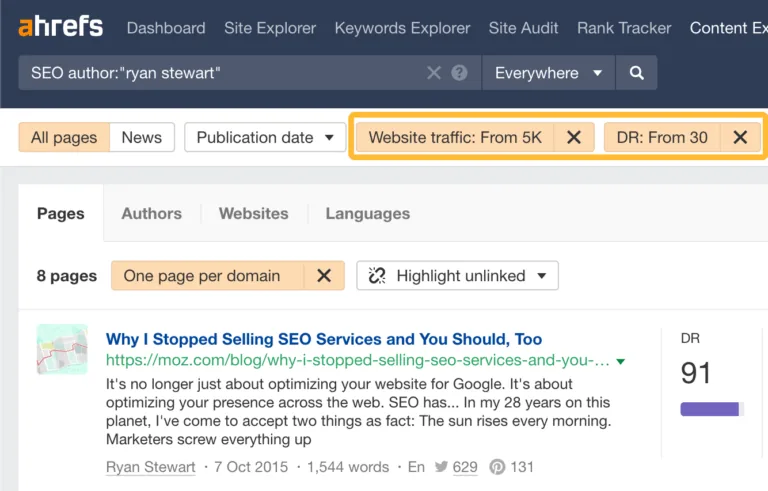在 Ahrefs 的 Content Explorer 中筛选来自高 DR、高流量网站上特定作者的文章
