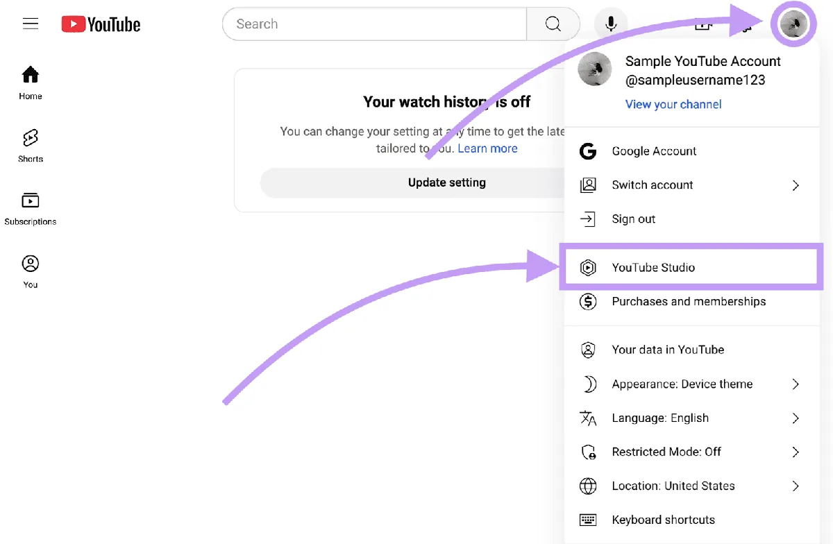 个人头像按钮下的 YouTube 工作室选项