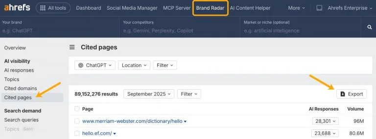 一张 Ahrefs Brand Radar 的 Cited Pages 报告截图,箭头指向页面右侧的导出按钮