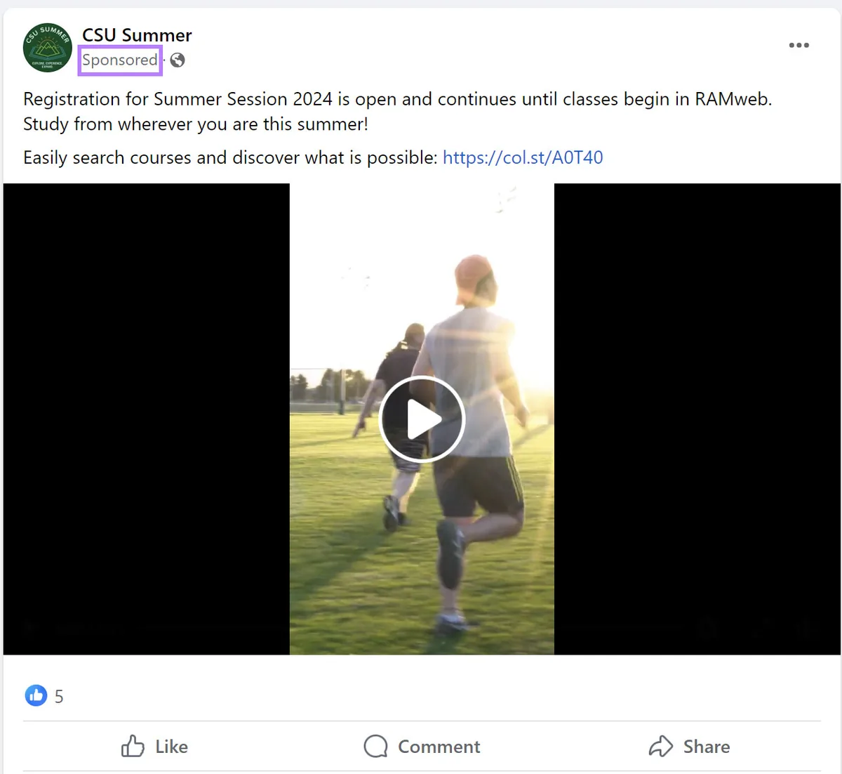 科罗拉多州立大学的 Facebook 视频广告，宣传暑期课程