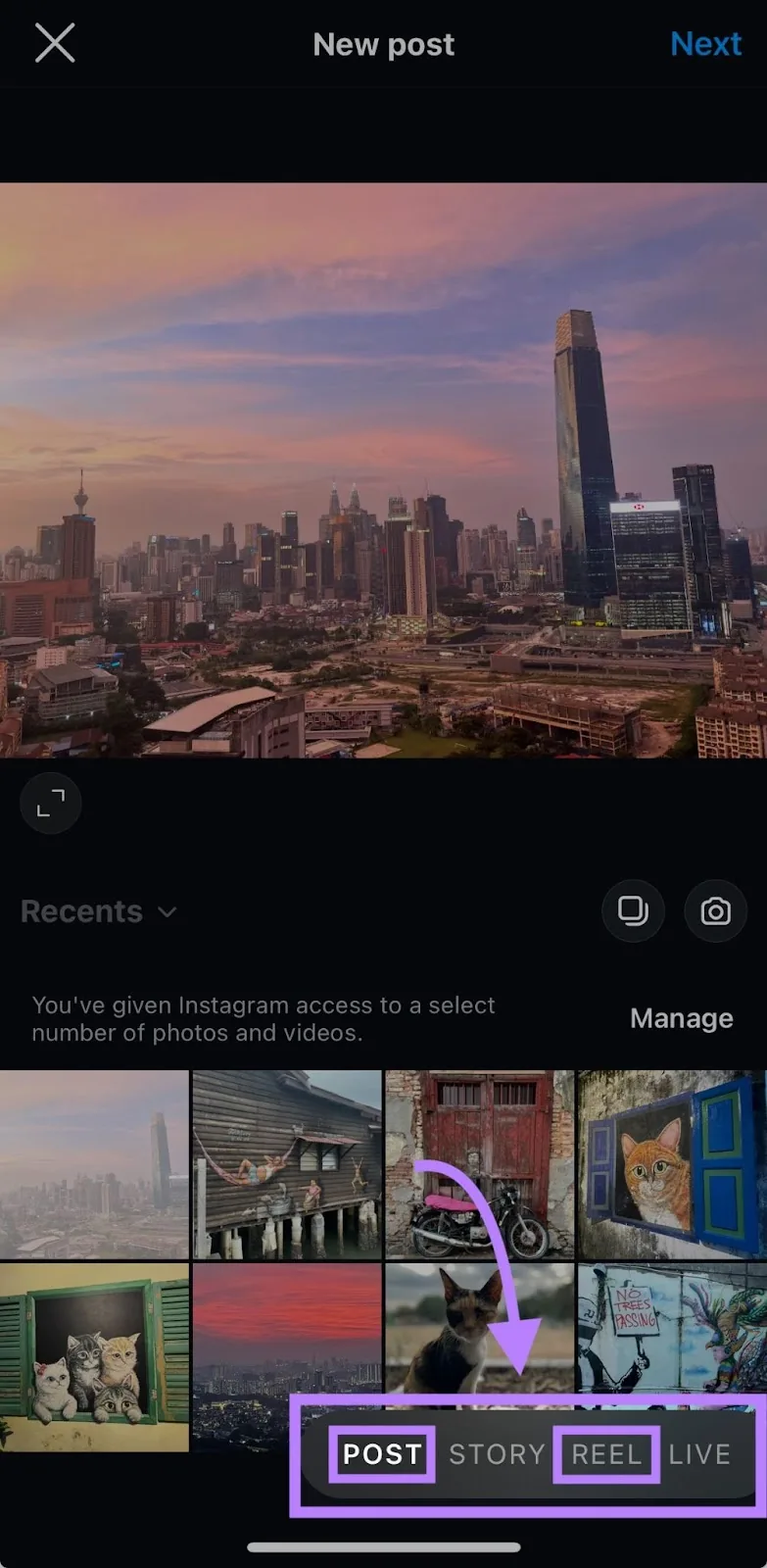 Instagram 上的“New Post”窗口,底部菜单中的“Post”和“Reel”选项被突出显示。