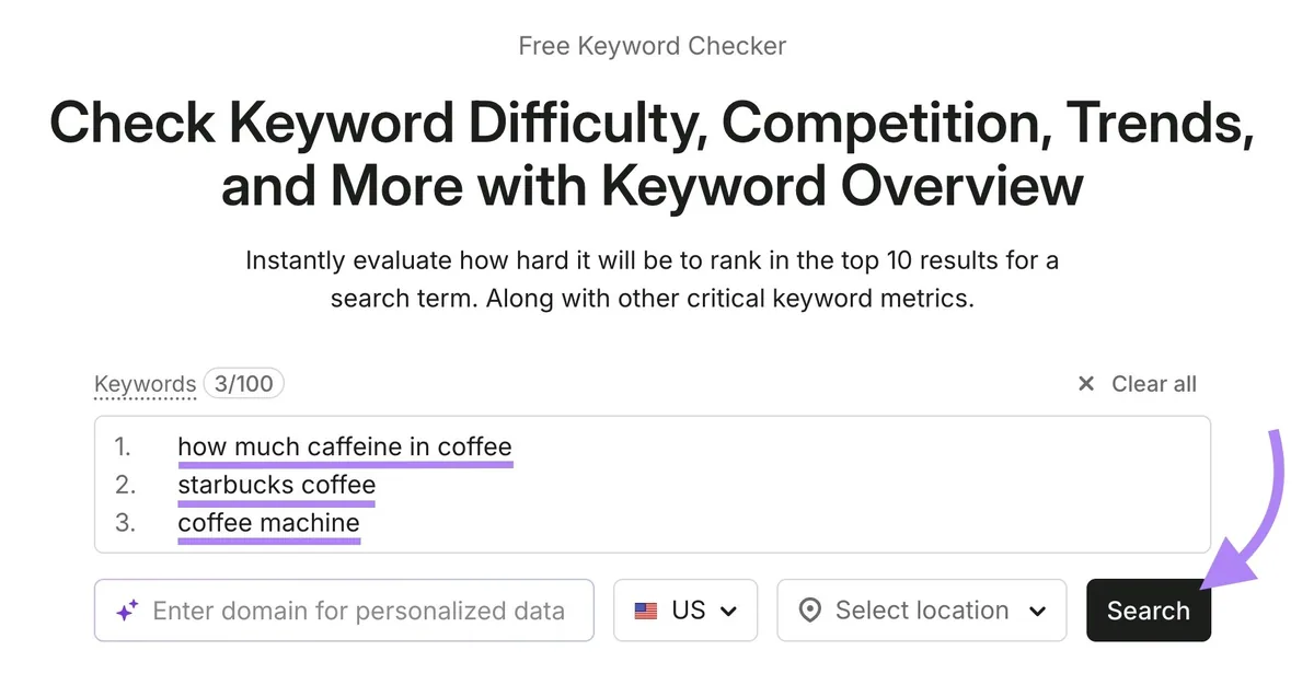 Keyword Overview,已输入三个关键词并点击“Search”。