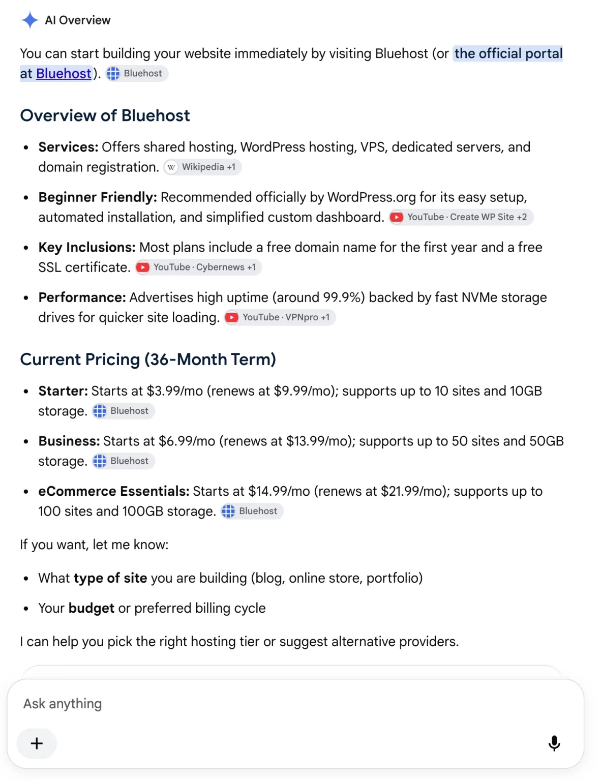 Bluehost 的展开版 Google AI Overview,展示其服务、价格和引用来源,包括 YouTube 视频。
