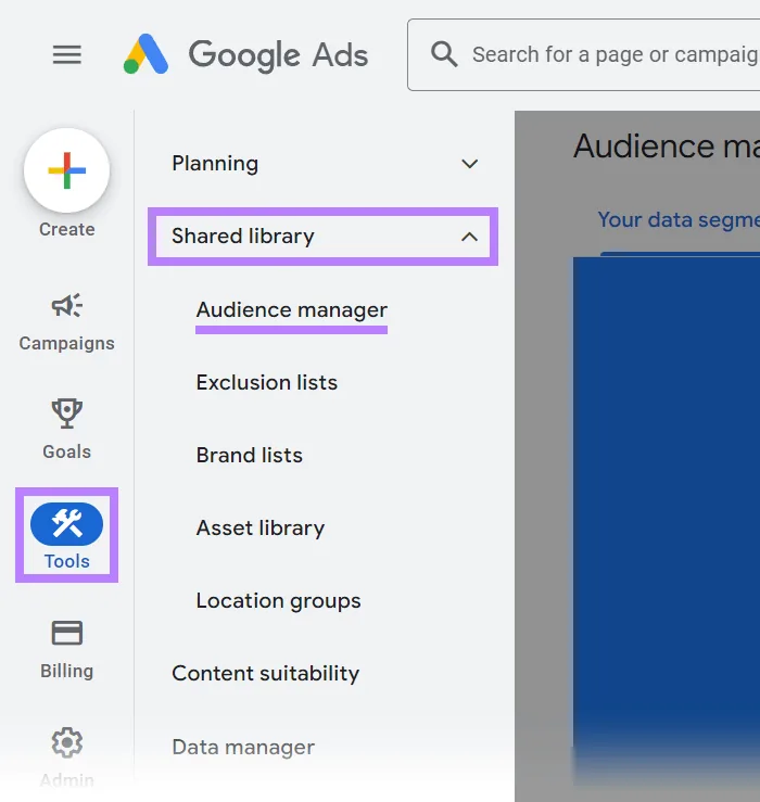 在 Google Ads 账号中导航至“受众群体管理器”