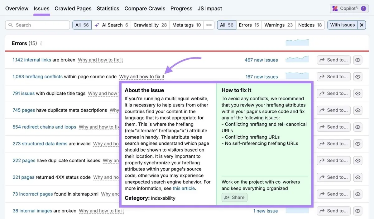 Site Audit 上的问题,已点击某错误旁的“Why and how to fix it”。