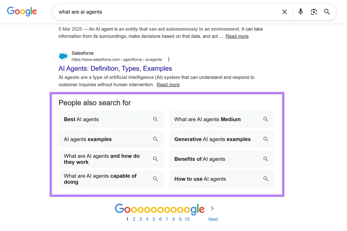 Google 搜索结果展示“People also search for”部分，包含相关的 AI 智能体查询。
