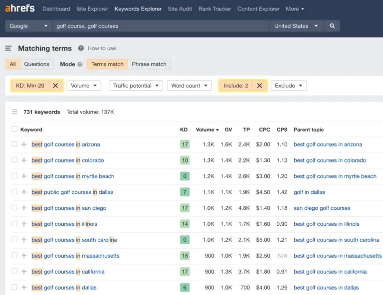 应用“Include”过滤器后“golf course, golf courses”的匹配词项报告,来自 Ahrefs 的 Keywords Explorer