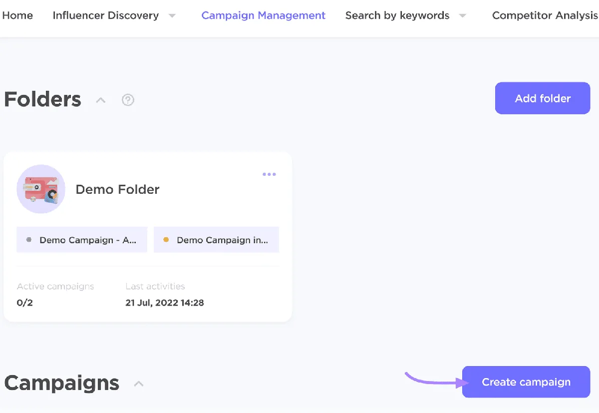 Influencer Analytics“Campaign Management”页面，包含营销活动创建选项。