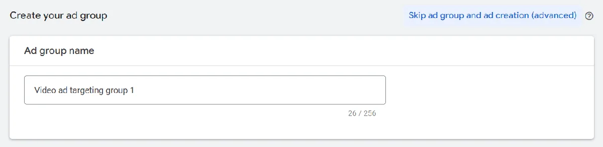 添加到广告系列组中的“Video ad targeting group 1”名称