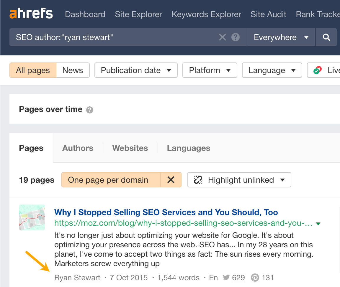 在 Ahrefs 的 Content Explorer 中用 author: 运算符搜索某位特定作者的文章
