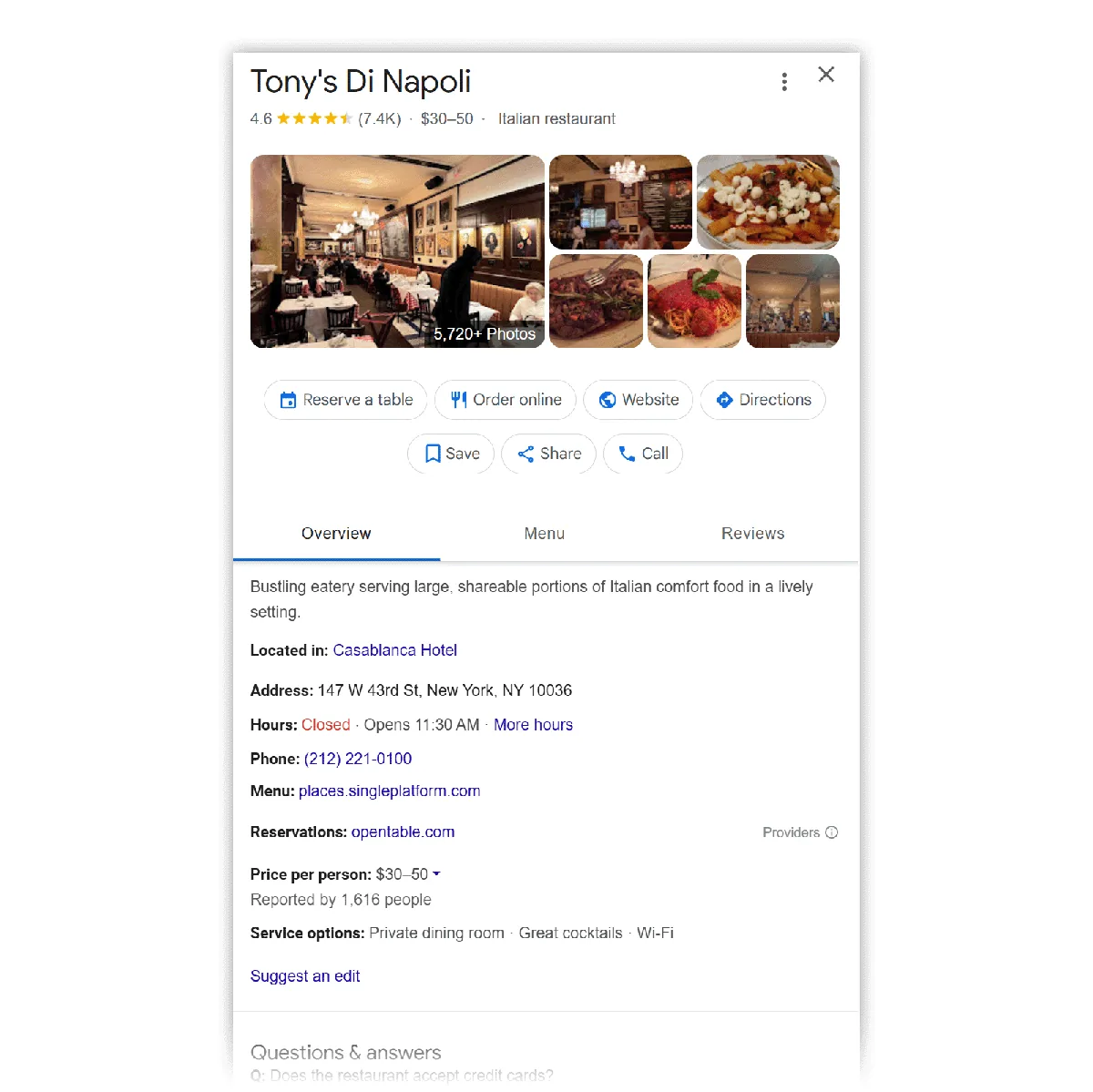 Tony’s Di Napoli 优化后的 Google Business Profile 示例,含照片、地址、电话和预订链接