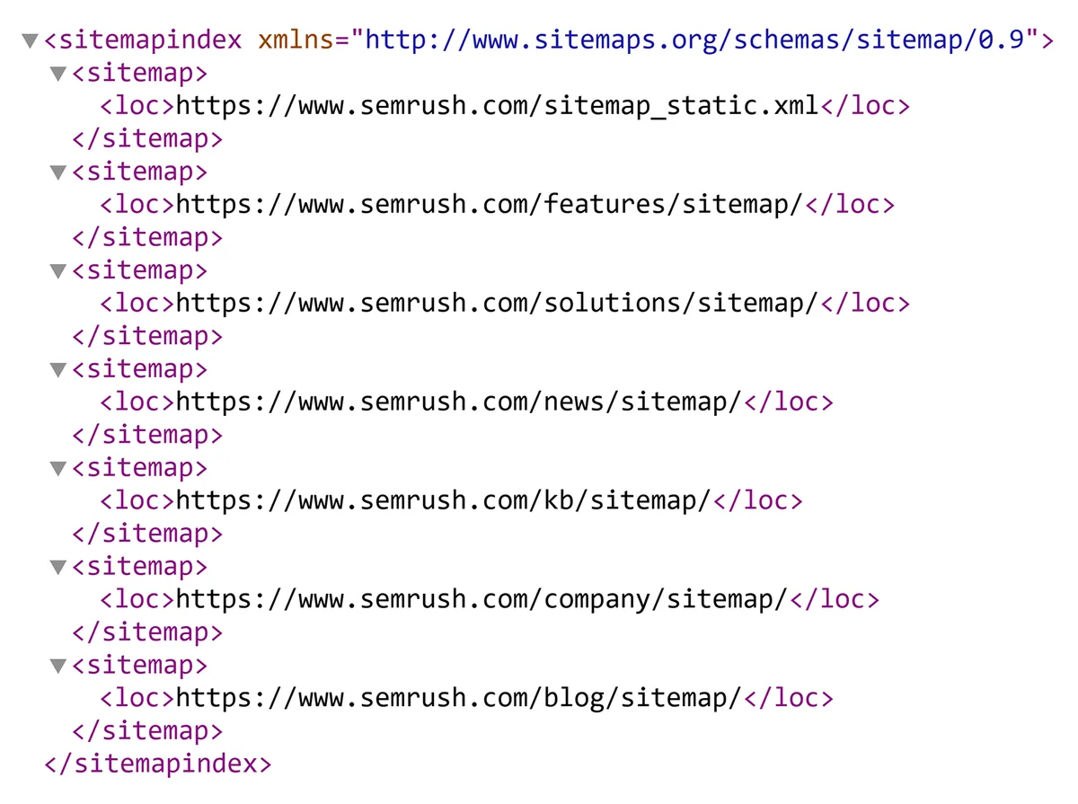 XML 站点地图索引文件,列出网站区块和内容类别的多个 Semrush 站点地图 URL