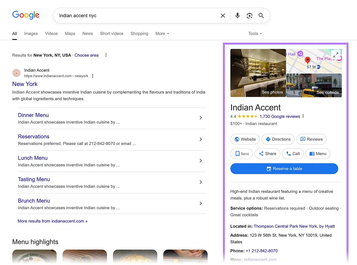 “Indian Accent NYC”的 Google 搜索结果,带有该餐厅的商家资料卡片
