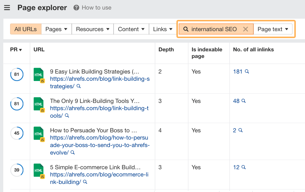 使用 Ahrefs 的 Page Explorer 找出提及特定主题的页面的示例。