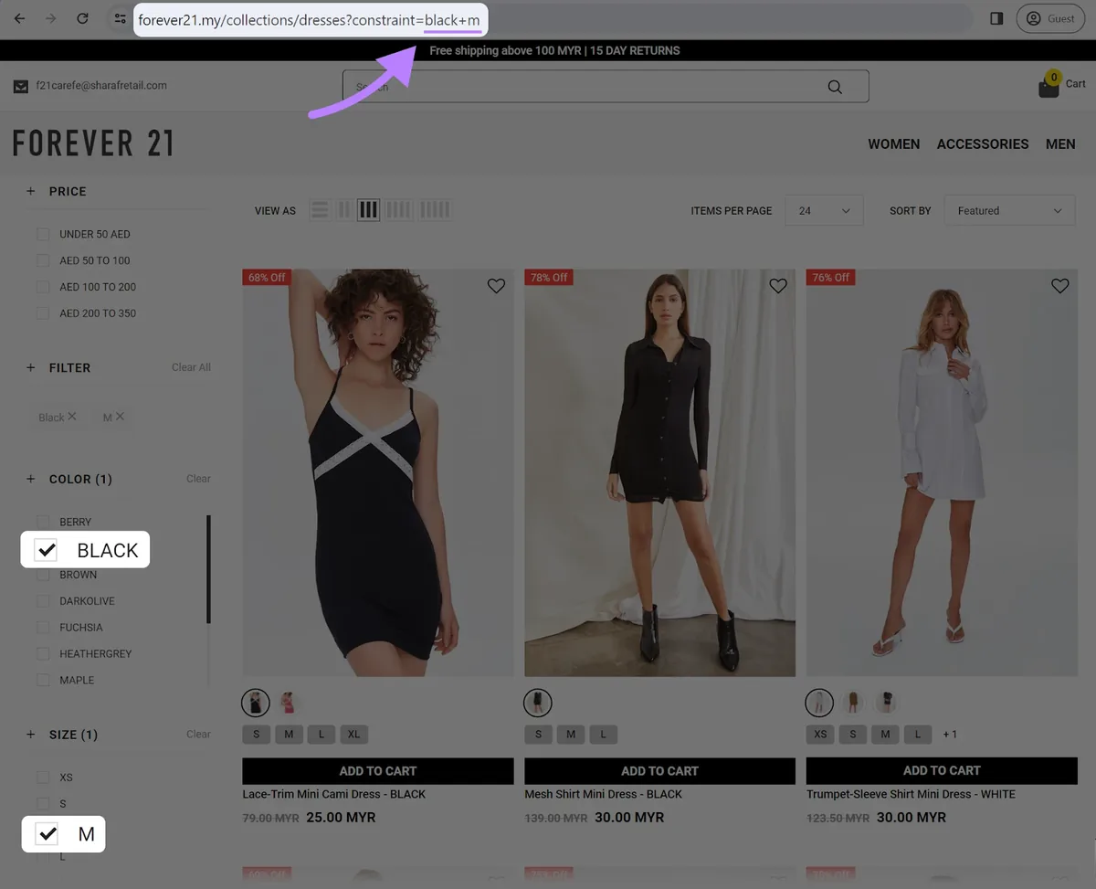 选择“Black”和“M”筛选器的页面,其 URL 为“forever21.my/collections/dresses?constraint=black+m”