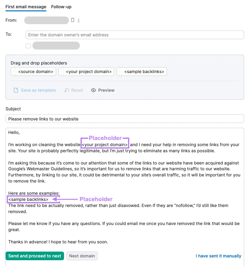 Backlink Audit 中的“First email message”模板页面