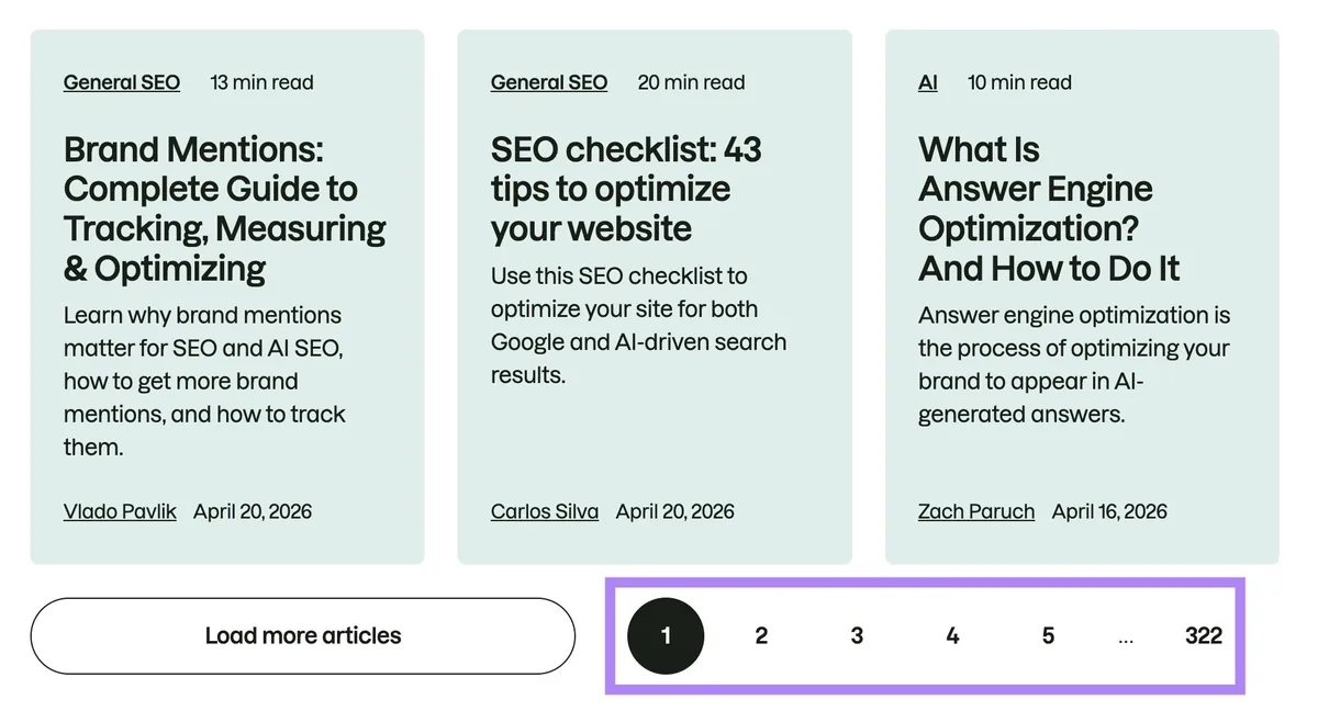 Semrush 博客页面底部显示分页链接(如 1、2、3),用于在多个博客文章页面间导航。